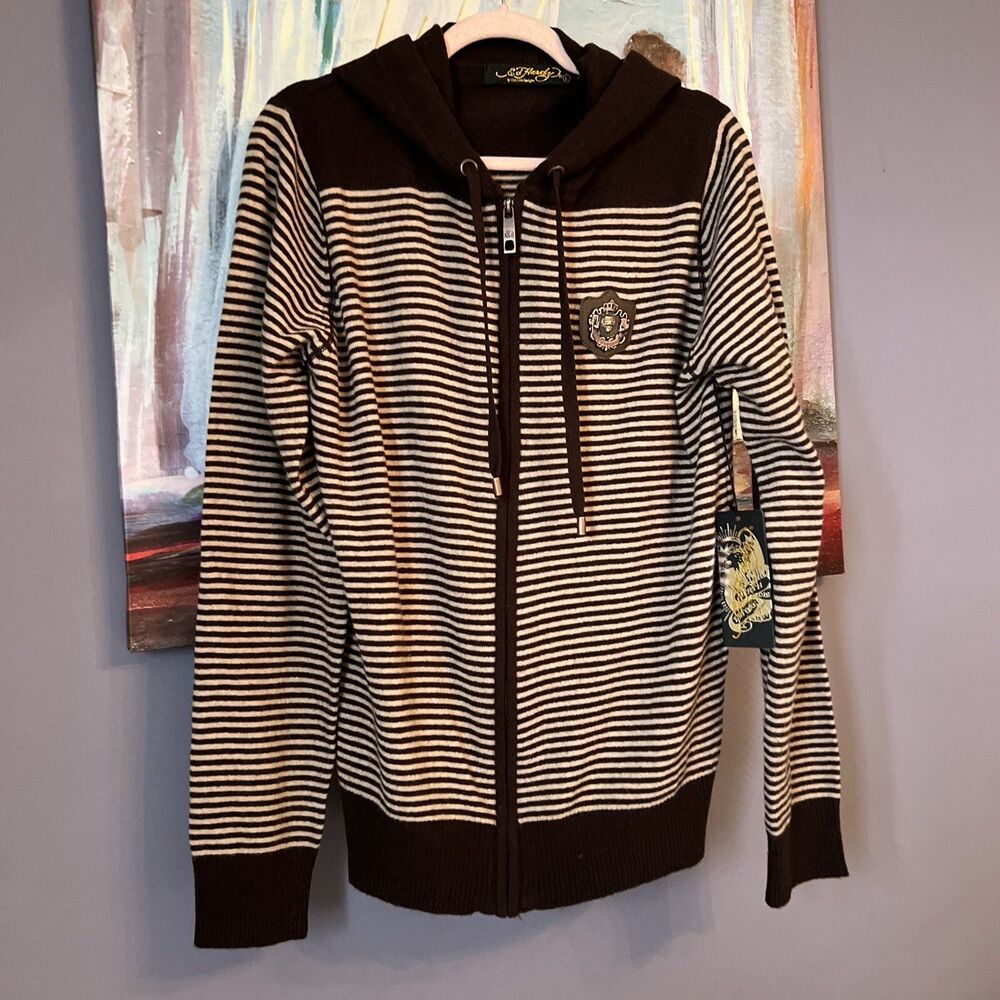 ED HARDY L Hooded Wool Blend Zip Knit Sweater Cardigan Brown Beige💖💖